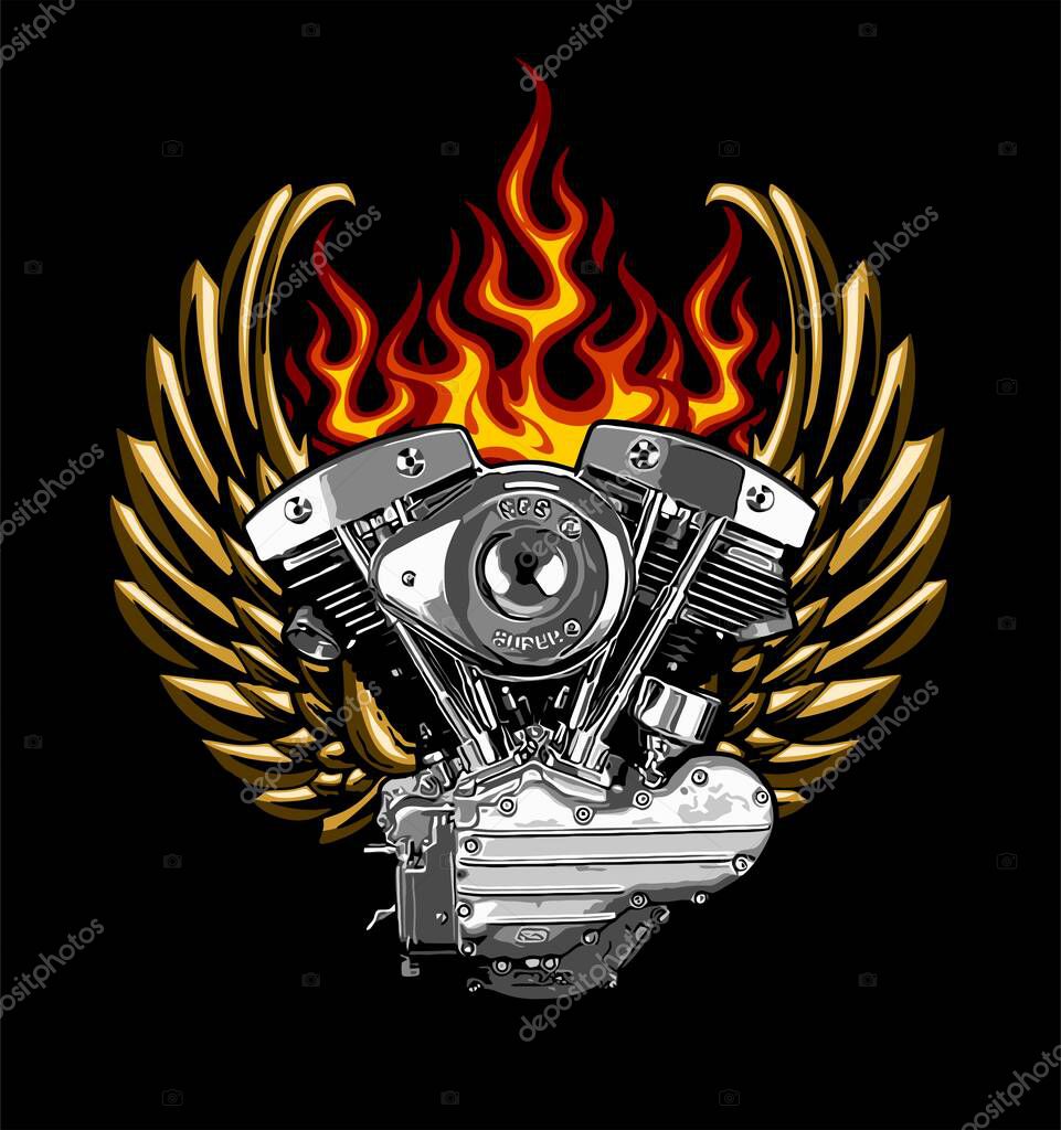 V twin engine with golden wings