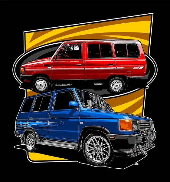 Deux Mini Van Sur Fond Jaune — Image vectorielle