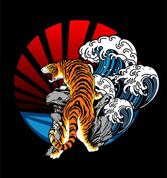 Tigre Olas Sol Arte Japonés — Vector de stock