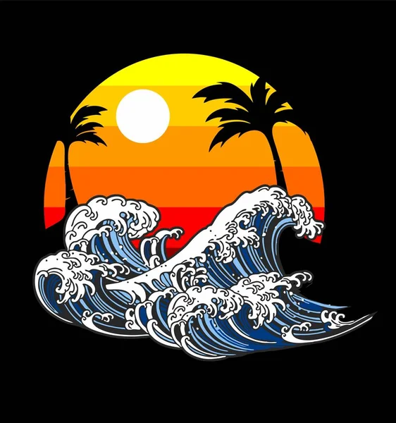 Sonnenuntergang Mit Blauem Meer Japanischen Kunststil — Stockvektor