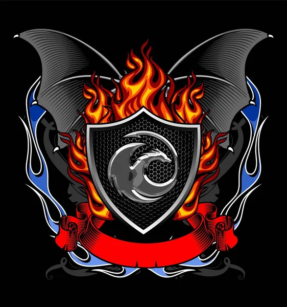 Escudo Fuego Fuego Murciélago Ala Fondo — Vector de stock