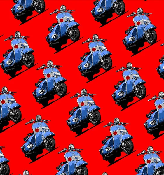 Mönster Klassiska Scooter Blå Färg Röd Bakgrund — Stock vektor