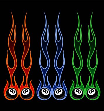 billiard balls burning in colored fire