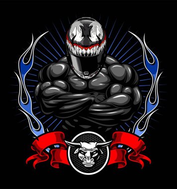 bodybuilder helmet devil pattern black background
