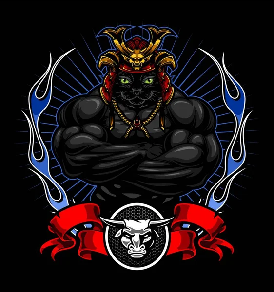 Bodybuilding Samurai Cat Fire Black Background — Stock Vector