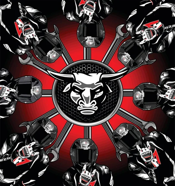 Bull Logo Surrounded Bikers Spinning — 스톡 벡터