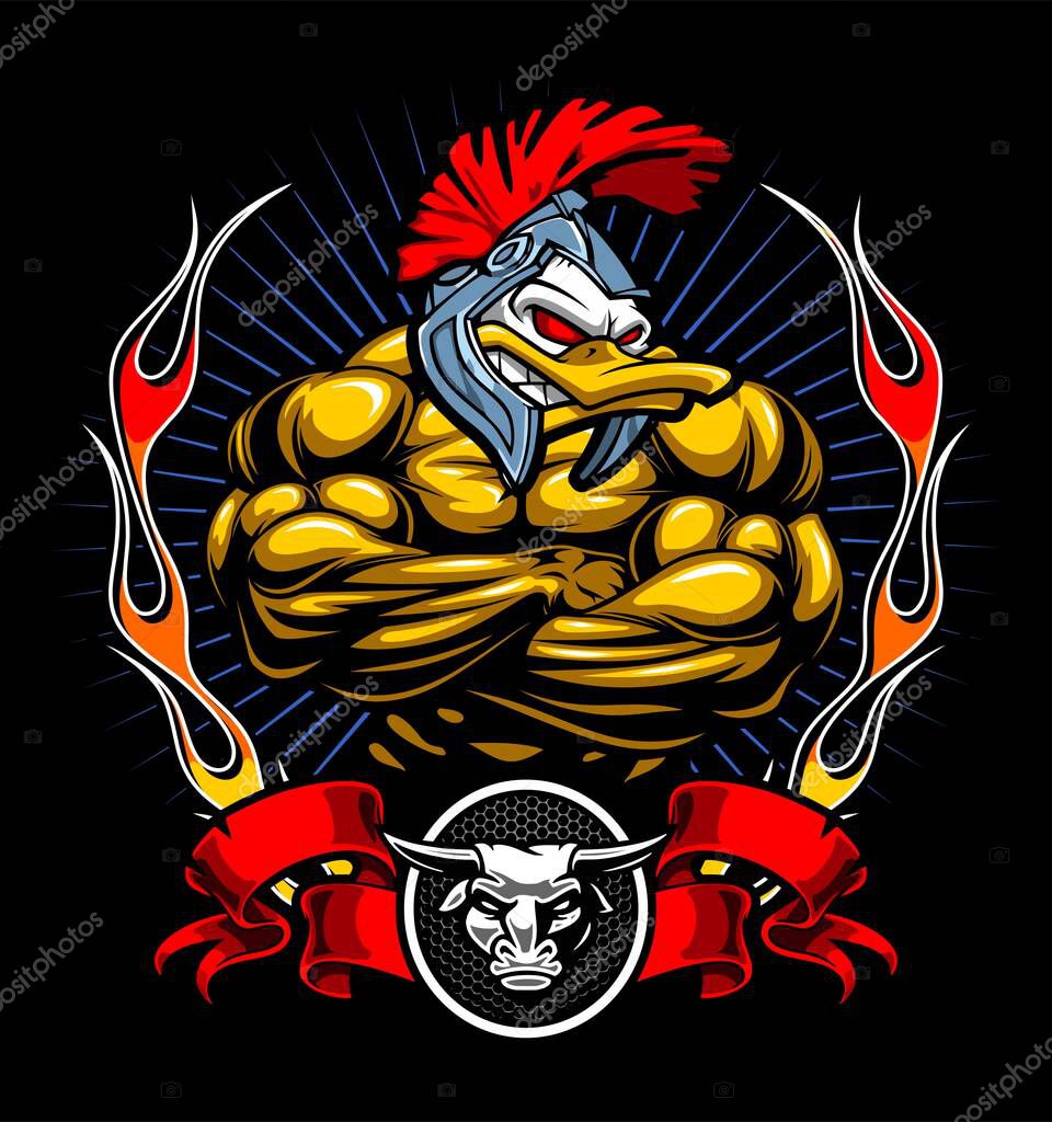 Bodybuilding duck with helmet on black background
