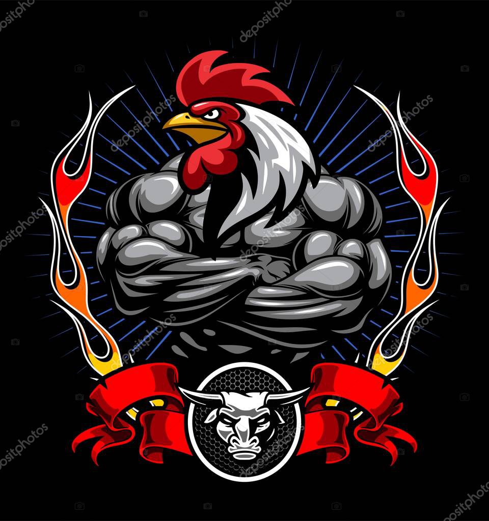 Bodybuilding rooster head black background