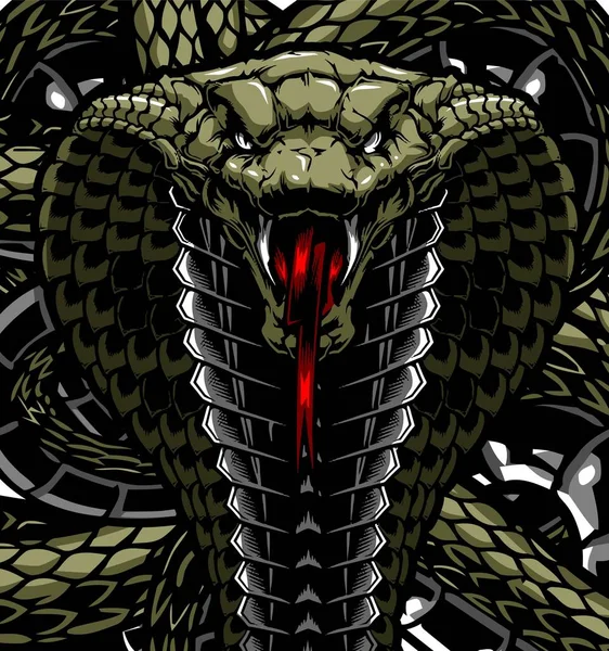 Green King Cobra Snake Coiled Black Background — Vetor de Stock