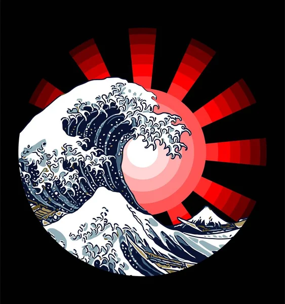 Japanese Art Style Sun Background Waves — 图库矢量图片