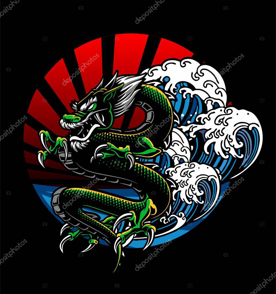 Dragon and waves in the sun japanese art