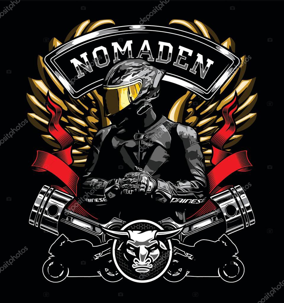 Biker with wings between two pistons