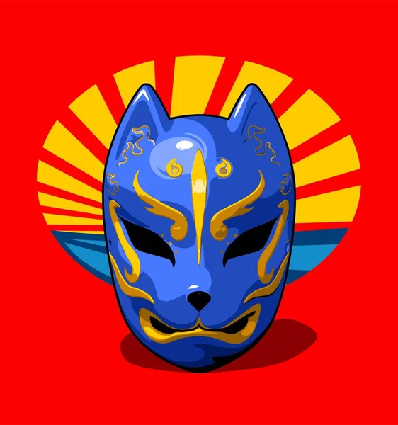 Máscara Japonesa Tradicional Azul Sobre Fondo Rojo — Vector de stock