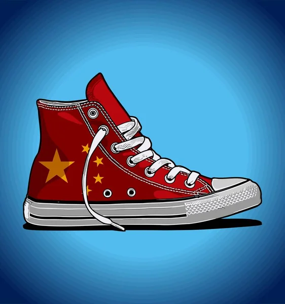 Chinese Vlag Patroon Sneakers Blauwe Achtergrond — Stockvector