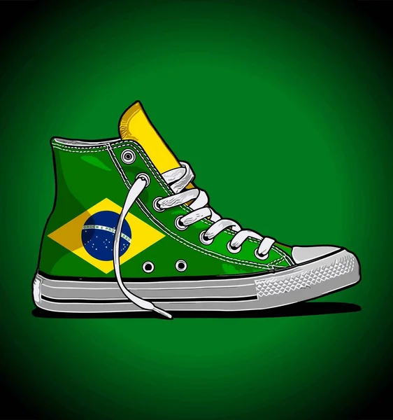 Braziliaanse Vlag Patroon Sneakers Groene Kleur Achtergrond — Stockvector