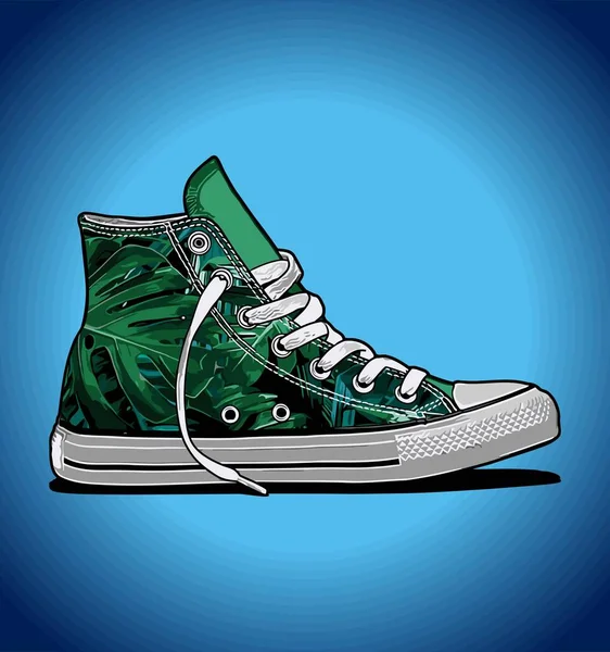 Grön Mönster Sneakers Blå Bakgrund Del — Stock vektor