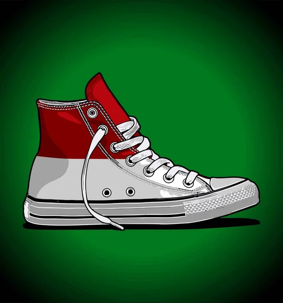 Ινδονησιακή Σημαία Μοτίβο Πάνινα Παπούτσια Πράσινο Φόντο — Διανυσματικό Αρχείο