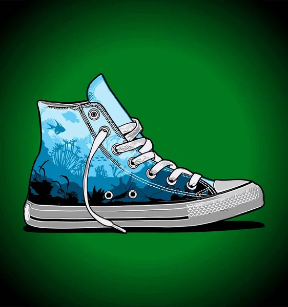 Yeşil Arka Planda Spor Ayakkabıları Mavi Desen — Stok Vektör
