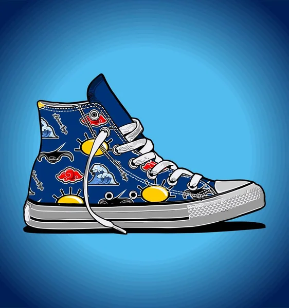 Strand Pictogram Patroon Sneakers Blauwe Achtergrond — Stockvector