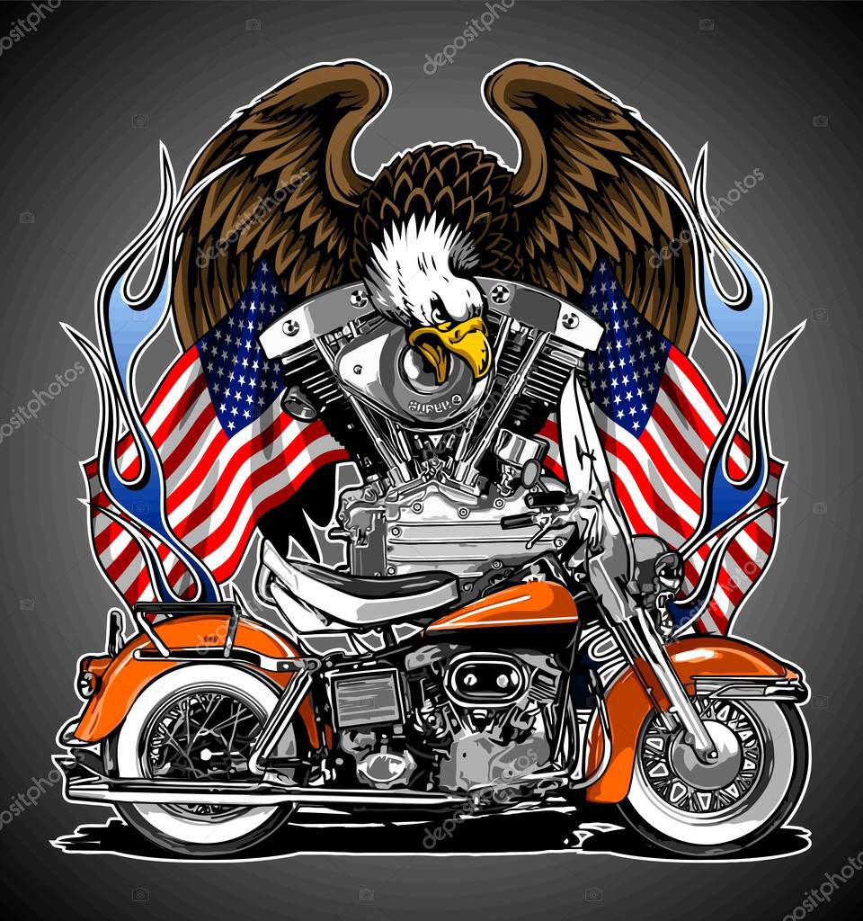 : orange motorbike with eagle in the background
