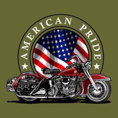  Kırmızı motosiklet yan görünümü ve Amerikan bayrağı arka planı