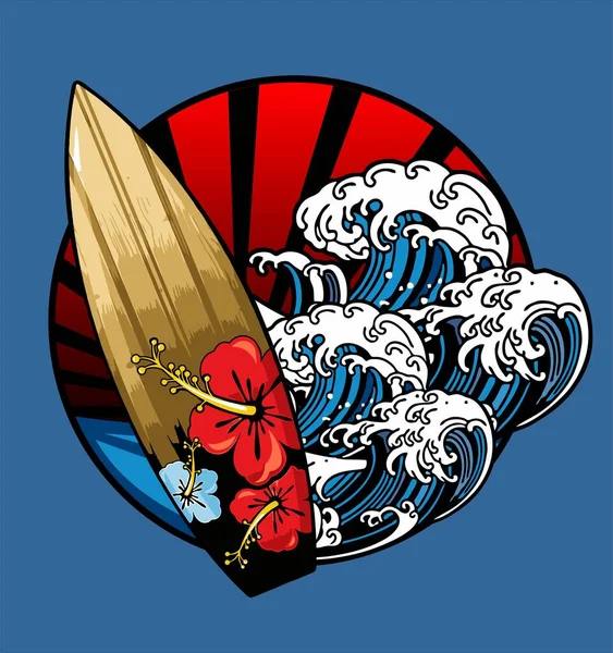 Deska Surfingowa Kwiatowy Wzór Falami — Wektor stockowy