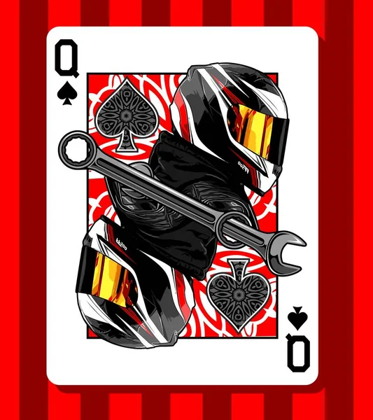 Queen Biker Poker Kaart Rode Achtergrond — Stockvector