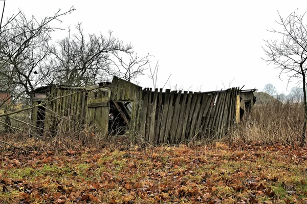 Collapsed building among autumn leaves — Stock Photo, Image