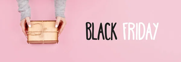 Black Friday Sign Pink Background Woman Hands Gray Knitted Sweater — Stock Photo, Image