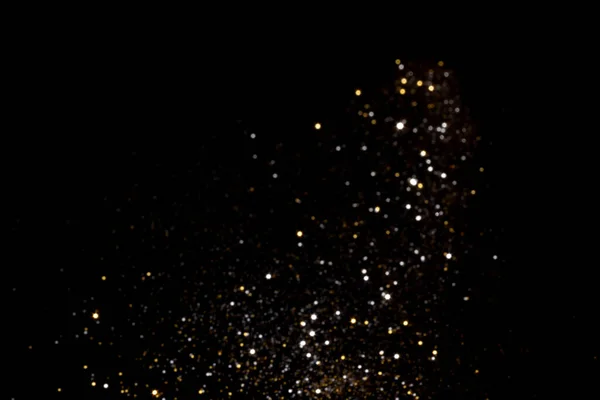 Luzes Bokeh Douradas Prateadas Embaçadas Fundo Preto Brilho Brilham Estrelas — Fotografia de Stock