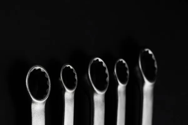 Steel Closed End Ring Wrenches Blurred Black Background Selective Focus — Stock Photo, Image