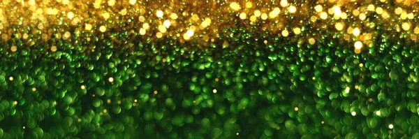 Fondo Bokeh Brillo Verde Dorado Textura Navideña Luces Vacaciones Cabecera — Foto de Stock