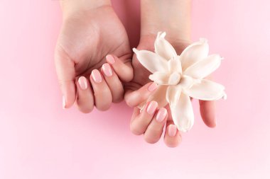Güzel doğal manikürlü kadın elleri. Pembe arka planda beyaz kurumuş çiçekli pembe çıplak tırnaklar. Çivi bakımı kavramı