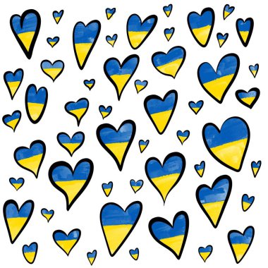 Beyaz arkaplanda kalp şeklinde Ukrayna bayrağı simgeleri
