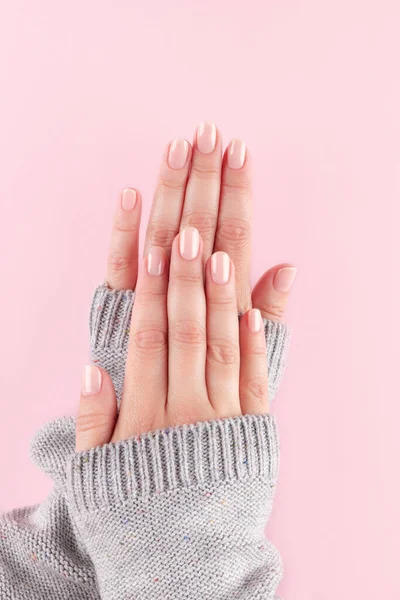 Female Hands Gray Knitted Sweater Beautiful Natural Manicure Pink Nude — Stock Photo, Image