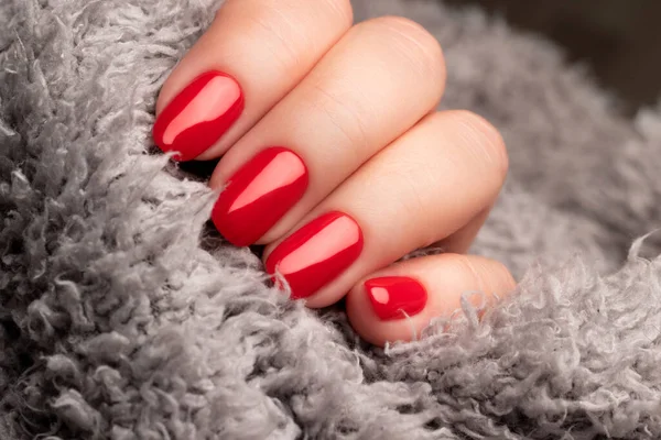 Female Hand Beautiful Manicure Red Nails Gray Fluffy Knitted Fabric — стоковое фото