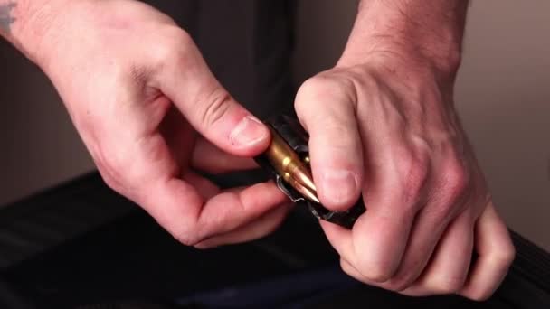 Male Hands Loading Kalashnikov Assault Rifle Magazine Cartridges Load Magazine — Stock video