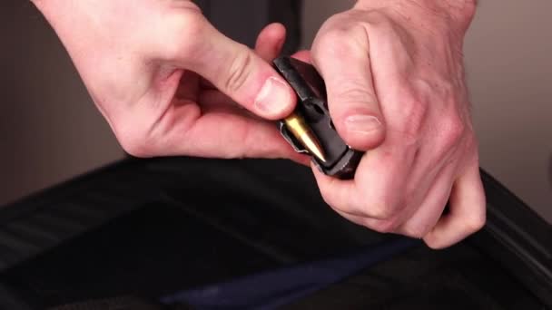 Male Hands Loading Kalashnikov Assault Rifle Magazine Cartridges Load Magazine — Vídeo de Stock