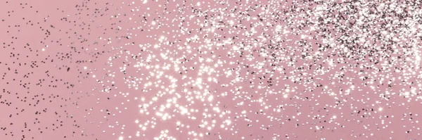 Sparkling silver glitter on pink background banner texture. Abstract holiday blurred lights header. Wide screen wallpaper. Panoramic web banner with copy space for design