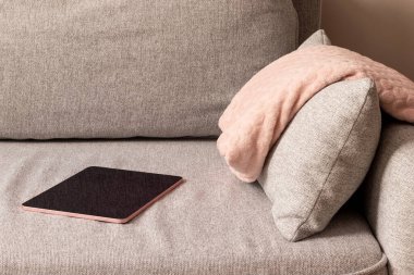 Cozy gray textile sofa with folded pink plaid and digital tablet