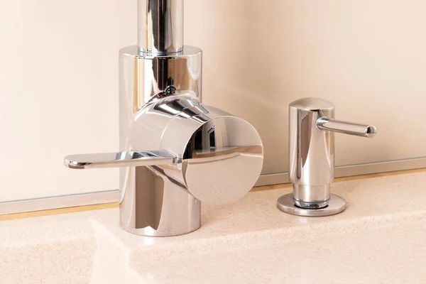 Chrome Faucet Built Dishwashing Liquid Soap Dispenser Modern Kitchen Granite — стоковое фото