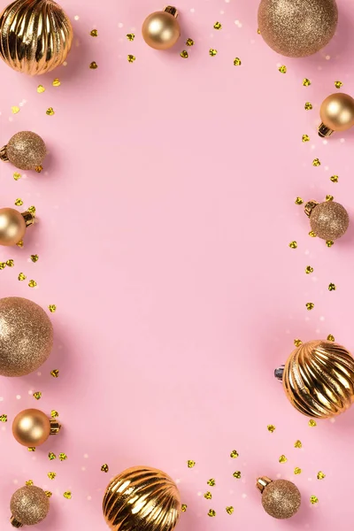 Cadre Carte Noël Avec Boules Paillettes Dorées Confettis Sur Fond — Photo