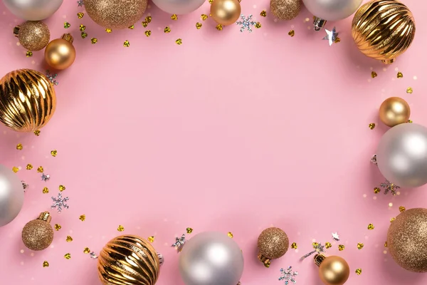 Cadre Carte Noël Avec Boules Dorées Argentées Confettis Sur Fond — Photo
