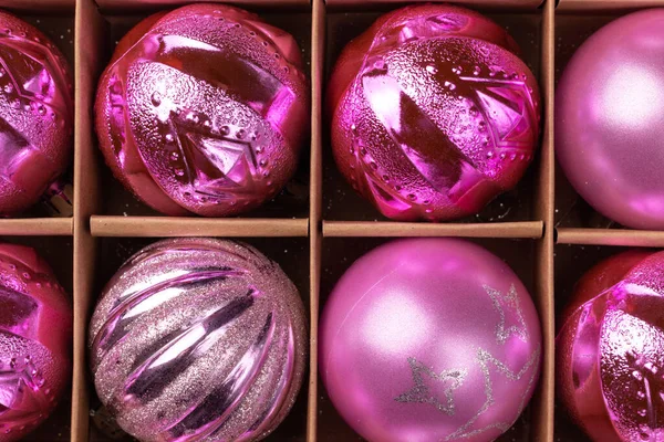 Boules Sapin Noël Paillettes Roses Dans Une Boîte Artisanale Carton — Photo