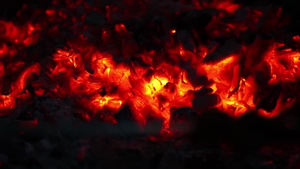 Quemando Carbones Rojos Cerca Carbón Rojo Caliente Brilla Brilla Oscuridad — Vídeos de Stock