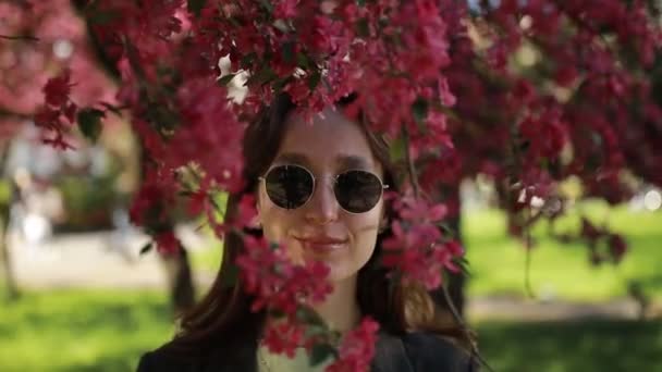 Красива біла дівчина, одягнена в чорні окуляри, нюхає розквіт на дереві — стокове відео