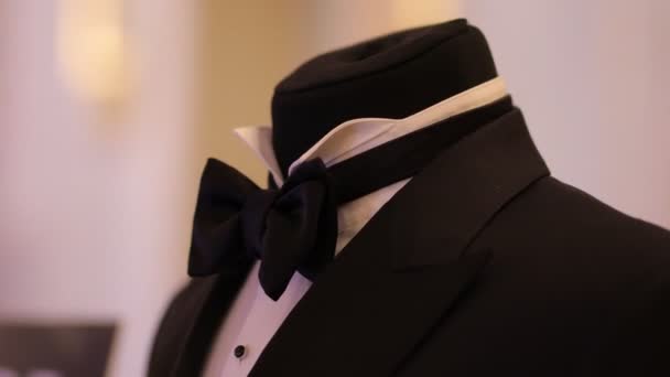 Klasik siyah takım elbiseli manken. Manken üzerinde papyon — Stok video