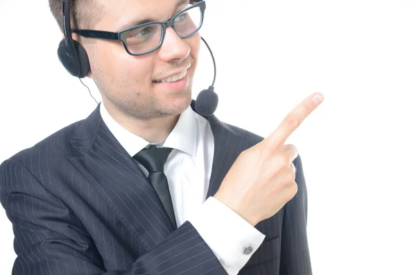 Young male call center operator in suit — Stock Photo, Image