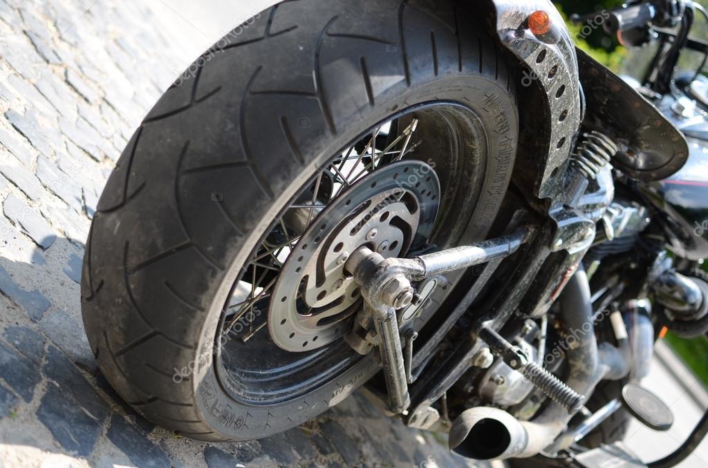 Motorcycle tire and exhaust close up