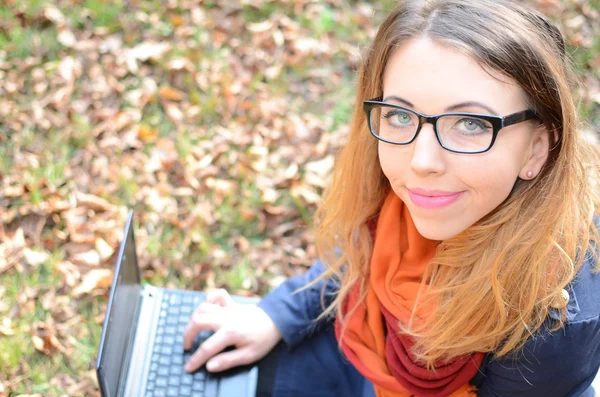 在公园的笔记本电脑的女人 免版税图库照片